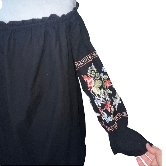 Free People Black Embroidered Off Shoulder Boho Mini Dress Tunic M - Picture 6 of 8